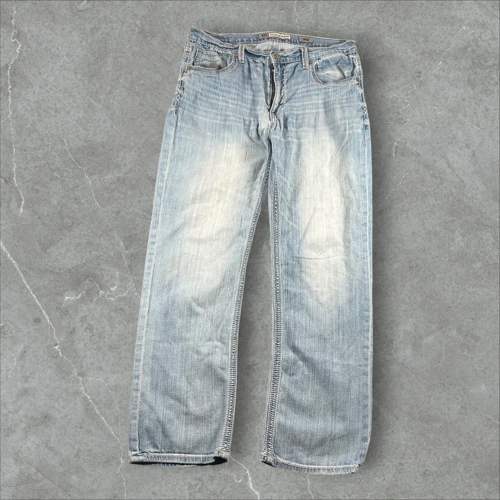 BKE Tyler Straight Jeans Mens 36x32 Light Wash Blue Stretch Denim Heavy Stitch